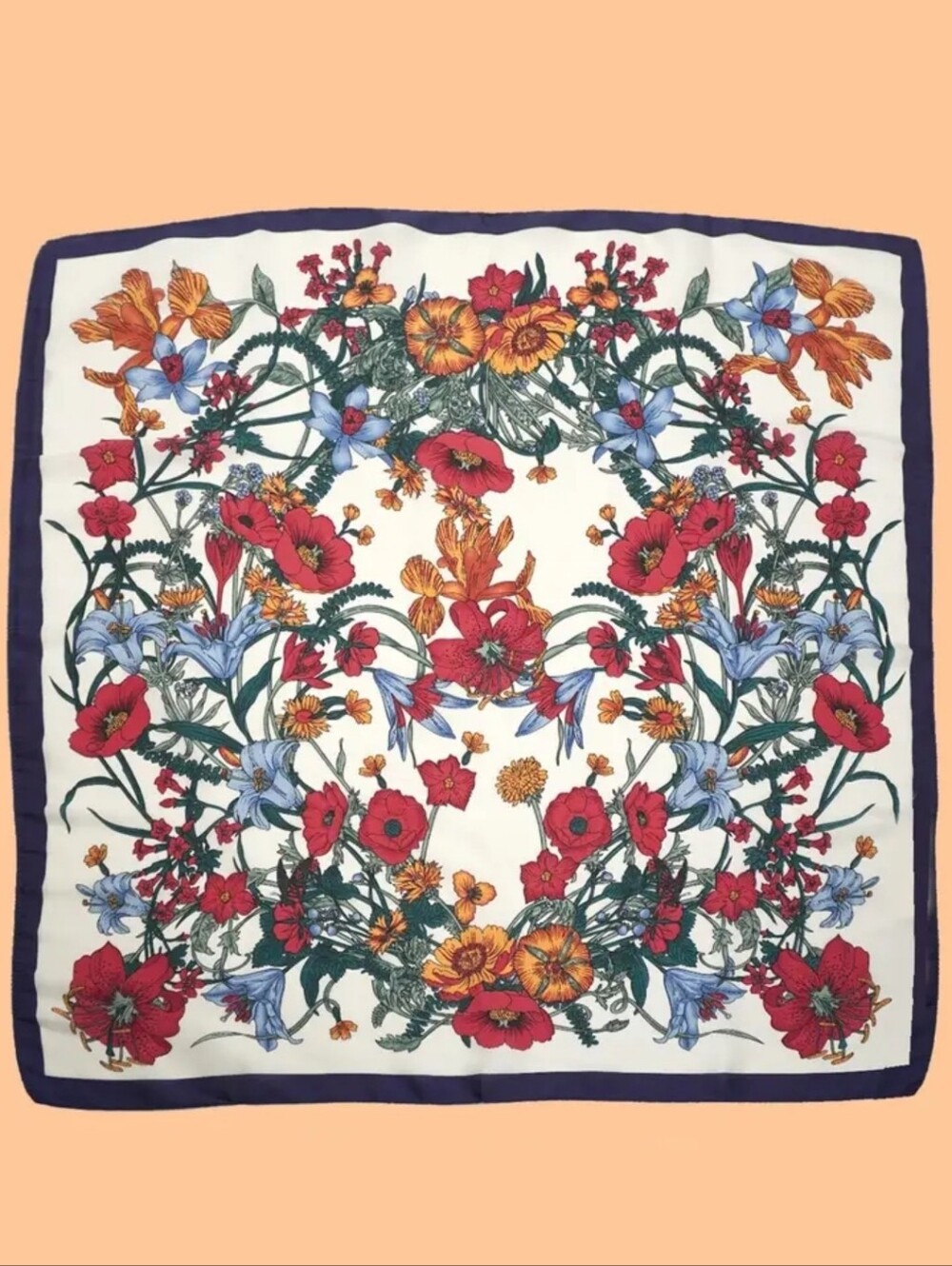 Floral Square Silk-Feel Scarf in Cream with Red & Blue Blooms